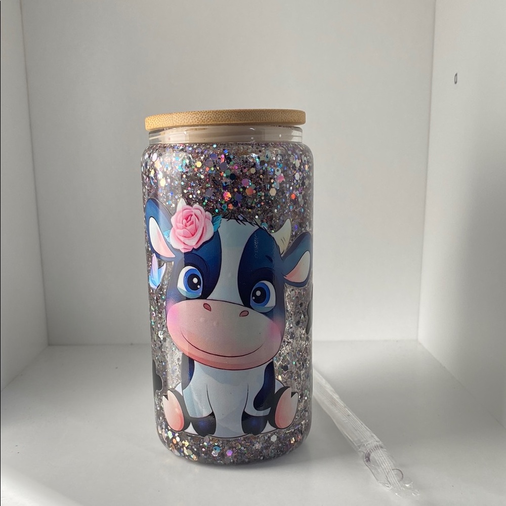 Snow Globe Cute Cow Glitter Tumbler with Straw